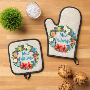 Mele Kalikimaka Hawaiian Beach Christmas Wreath Oven Mitt & Pot Holder Set