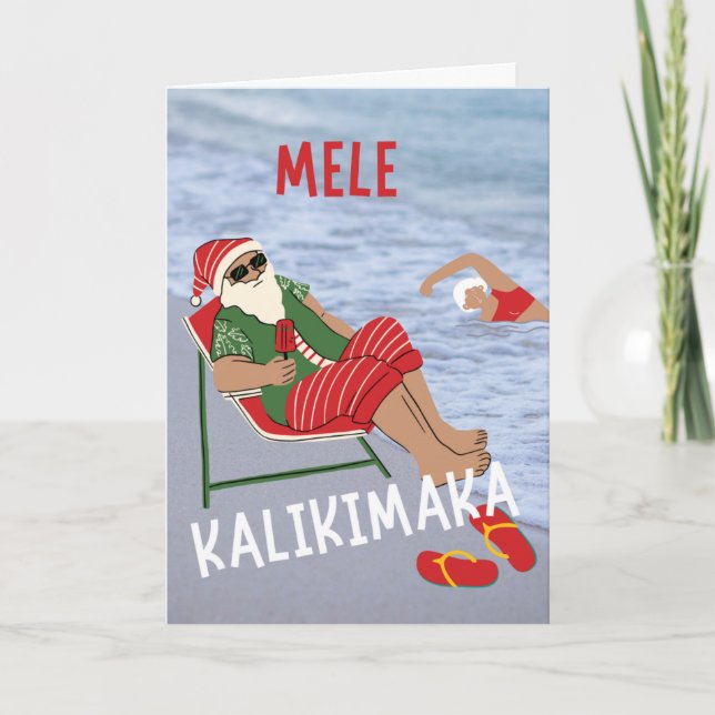 Mele Kalikimaka Hawaiian Christmas Santa Beach Card (Front)