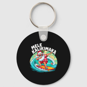 Mele Kalikimaka Hawaiian Christmas Santa Surfing B Keychain