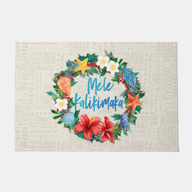 Mele Kalikimaka Hawaiian Christmas Wreath Doormat (Front)