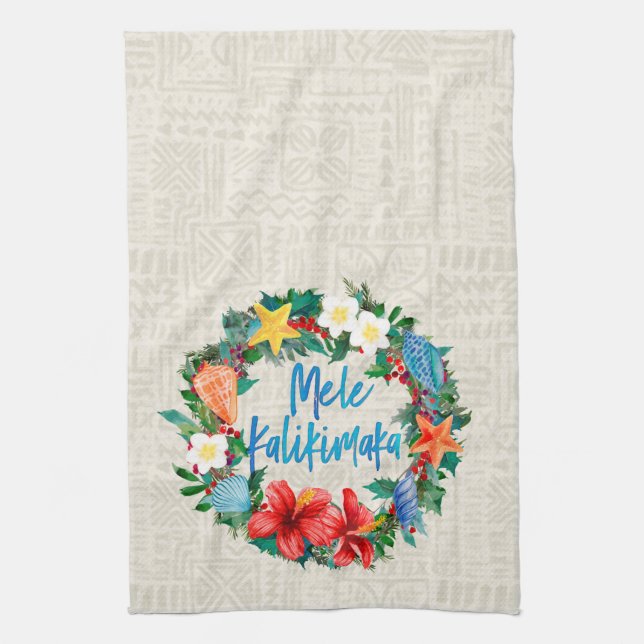 Mele Kalikimaka Hawaiian Christmas Wreath Kitchen Towel (Vertical)
