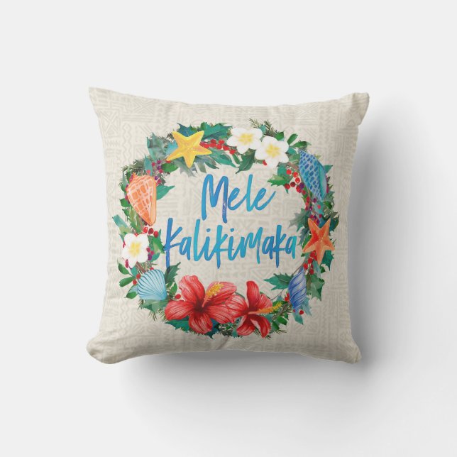 Mele Kalikimaka Hawaiian Christmas Wreath Reverse Outdoor Pillow (Front)