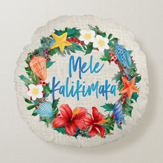 Mele Kalikimaka Hawaiian Christmas Wreath Round Pillow (Front)