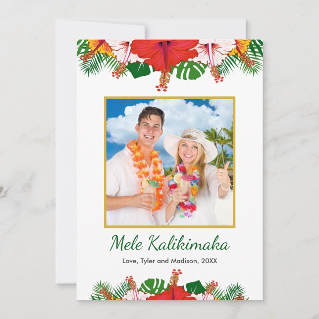 Mele Kalikimaka Hawaiian Hibiscus Christmas Photo Holiday Card (Front)