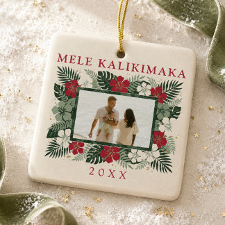 Mele Kalikimaka Hawaiian Hibiscus Family Photo Ceramic Ornament