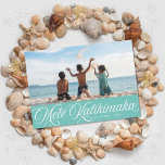 Mele Kalikimaka Hawaiian Holiday Aqua Photo Card<br><div class="desc">This Hawaiian holiday photo card features white retro inspired script that says "Mele Kalikimaka" over a horizontal photo. On the back is a simple aqua and white diagonal stripe pattern. You can remove the pattern and add another photo or additional text...  Just click "customize further" in the drop-down menu.</div>