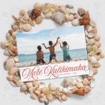 Mele Kalikimaka Hawaiian Holiday Red Photo Card<br><div class="desc">This Hawaiian holiday photo card features red retro inspired script that says "Mele Kalikimaka" over a horizontal photo. On the back is a simple red and white diagonal stripe pattern. You can remove the pattern and add another photo or additional text...  Just click "customize further" in the drop-down menu.</div>