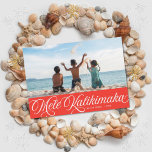 Mele Kalikimaka Hawaiian Holiday Red Photo Card<br><div class="desc">This Hawaiian holiday photo card features white retro inspired script that says "Mele Kalikimaka" over a horizontal photo. On the back is a simple red and white diagonal stripe pattern. You can remove the pattern and add another photo or additional text...  Just click "customize further" in the drop-down menu.</div>