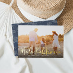 Mele Kalikimaka | Hawaiian Photo Foil Holiday Card<br><div class="desc">Chic full bleed horizontal or landscape-oriented holiday photo card features "Mele Kalikimaka, " the Hawaiian Christmas greeting, in casual gold foil hand lettered script typography as an overlay on your favourite beach or vacation photo. Personalize with your custom holiday message, the year, and your family name beneath. Cards reverse to...</div>