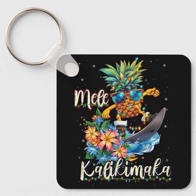 Mele Kalikimaka Hawaiian Pineapple Surfing Ridding Keychain (Front)