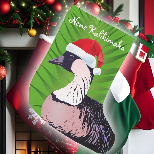 Mele Kalikimaka Hawaiian Santa Nene Goose Tropical Large Christmas Stocking (Funny Hawaiian Nene Christmas goose mele kalikimaka tropical holiday stocking)