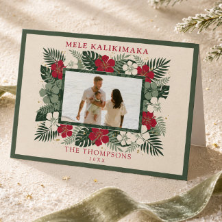 Mele Kalikimaka Hawaiian Tropical Floral Photo Holiday Card