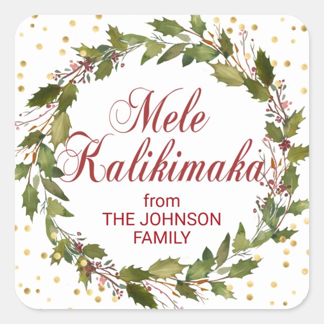 Mele Kalikimaka Holly Wreath Gold Red White Square Sticker (Front)