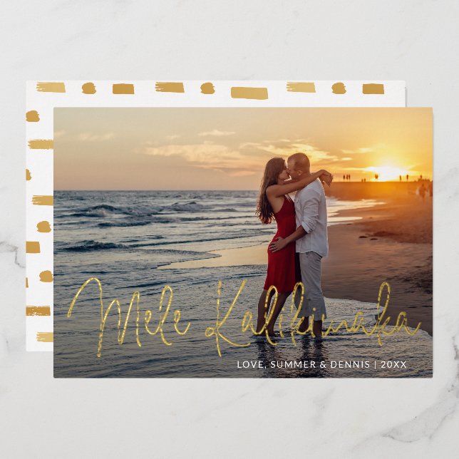 Mele Kalikimaka Modern Script Photo Christmas Foil Holiday Card (Front/Back)