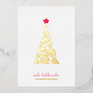 Mele Kalikimaka Monstera Leaf Hibiscus Foil Holiday Card