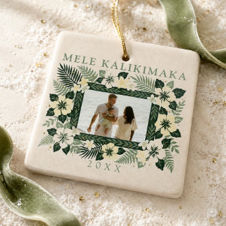 Mele Kalikimaka Neutral Hawaiian Floral Photo Ceramic Ornament