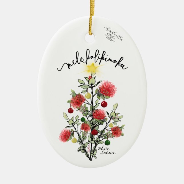 Mele Kalikimaka 'Ohi'a Lehua Merry Christmas Tree Ceramic Ornament (Front)