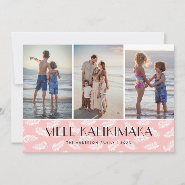 Mele Kalikimaka Palm Leaves Modern Pink Photo Holiday Card (Front)