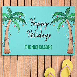 Mele Kalikimaka Palm Trees Turquoise Holiday Name Doormat