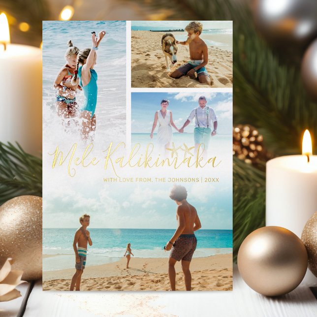 Mele Kalikimaka Photo Collage Foil Holiday Card (Creator Uploaded)