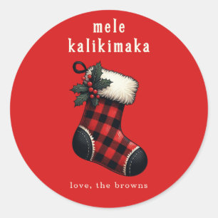 Mele Kalikimaka Red & Black Plaid Stocking Holiday Classic Round Sticker