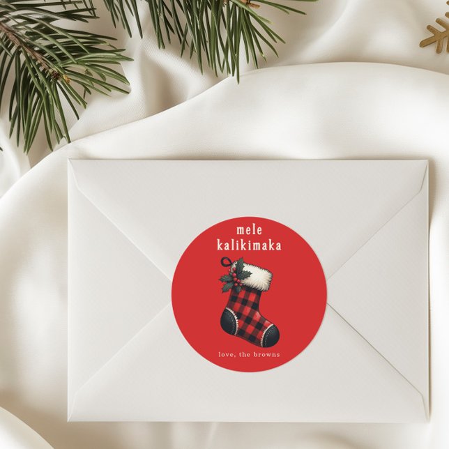 Mele Kalikimaka Red & Black Plaid Stocking Holiday Classic Round Sticker (Creator Uploaded)