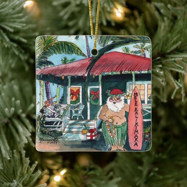 Mele Kalikimaka Santa Christmas Square Ceramic Ornament (Tree)