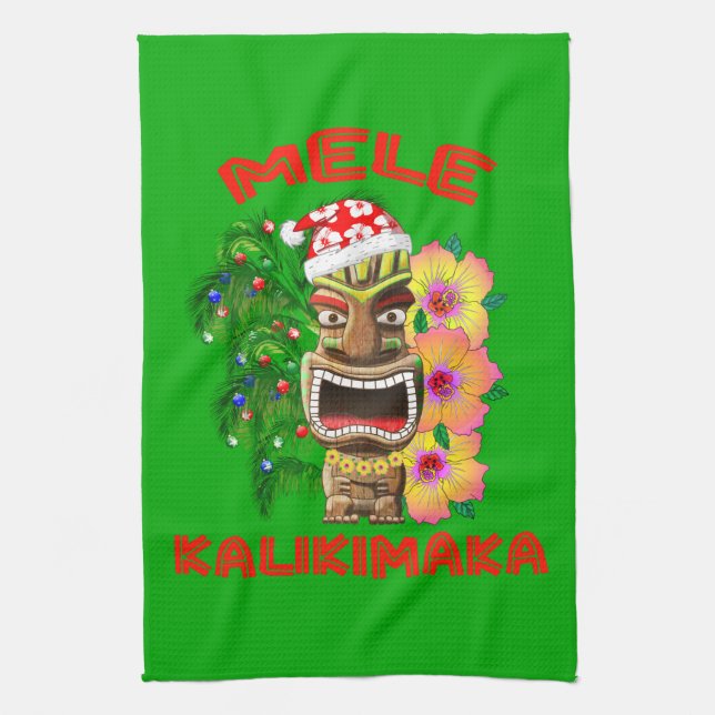 Mele Kalikimaka Santa Claus Tiki Kitchen Towel (Vertical)