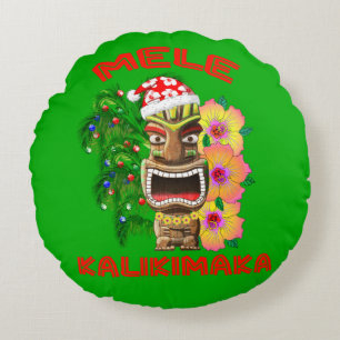 Mele Kalikimaka Santa Claus Tiki Round Pillow