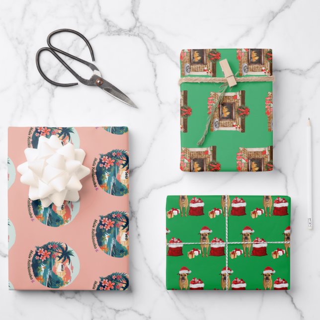 Mele Kalikimaka, Santa Dog and Christmas Fireplace Wrapping Paper Sheet (Front)