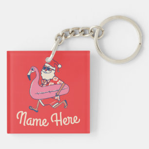 Mele Kalikimaka Santa Flamingo Christmas Getaway Keychain
