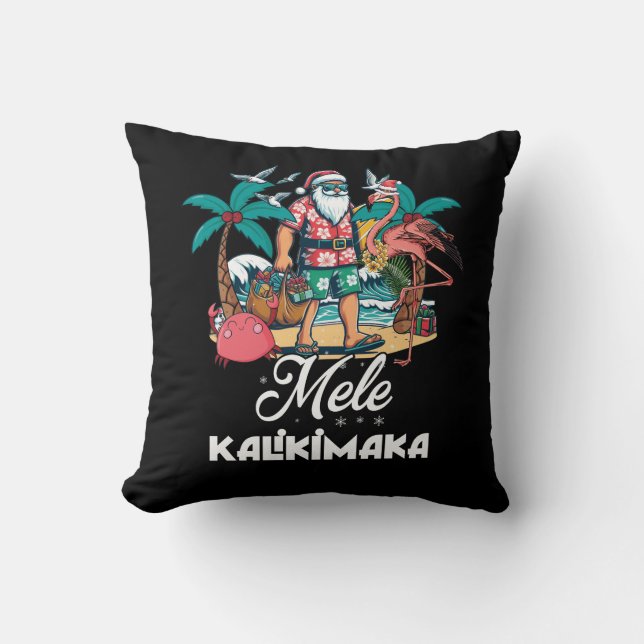 Mele Kalikimaka Santa Flamingo Tropical Christmas  Throw Pillow (Front)