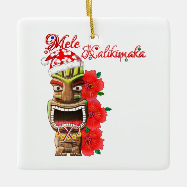 Mele Kalikimaka Santa Tiki Ceramic Ornament (Front)