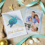 Mele Kalikimaka Sea Turtle Beach Coastal 3 Photo Holiday Card<br><div class="desc">This coastal Hawaiian themed Christmas card features a watercolor turquoise blue sea turtle on an abstract beach background with a faux gold glitter sparkly wave, and gold Mele Kalikimaka. On the back are 3 photo templates to easily personalize the cards with your favourite family photos. Check out the collection for...</div>