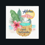 Mele Kalikimaka Seahorse Pineapple Tropical  Napkin<br><div class="desc">Tropical beach theme Christmas napkins feature a watercolor seahorse using a pineapple (decorated with palm leaves and hibiscus) as a swimming pool,  with sun,  sea and a starfish in the background with Hawaiian "Aloha" and "Mele Kalikimaka" greetings in navy blue.</div>