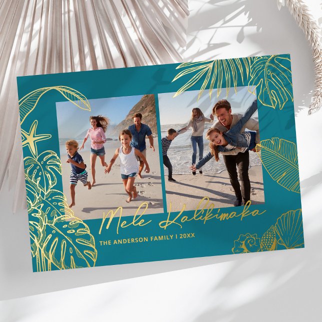 Mele Kalikimaka Teal Photo Collage Christmas Foil Holiday Card (Creator Uploaded)