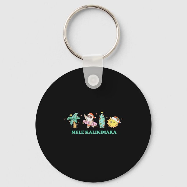 Mele Kalikimaka Trocal Palm Tree Santa Surfing Haw Keychain (Front)