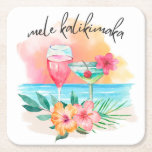 Mele Kalikimaka Tropical Beach Christmas Cocktail Square Paper Coaster<br><div class="desc">Tropical theme Christmas drink coasters feature a watercolor beach sunset,  cocktails,  hibiscus flowers and palm leaves with an Hawaiian "Mele Kalikimaka" greeting in handwriting script. Perfect for Christmas and holiday cocktail parties.</div>