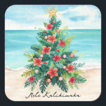 Mele Kalikimaka Tropical Beach Palm Tree Christmas Square Sticker<br><div class="desc">Add a tropical touch to your holiday mail with these Mele Kalikimaka Christmas stickers! Featuring a palm leaf Christmas tree decorated with hibiscus flowers, ornaments, and a starfish topper, these festive stickers are perfect as envelope seals for cards, holiday party invites, or gift packaging. A cheerful way to spread aloha...</div>