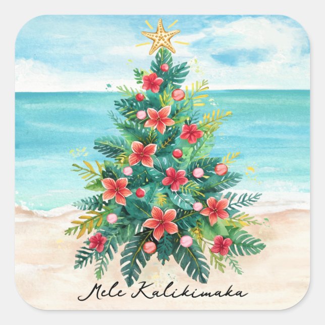 Mele Kalikimaka Tropical Beach Palm Tree Christmas Square Sticker (Front)