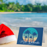 Mele Kalikimaka Tropical Beach Sunset Christmas Holiday Card<br><div class="desc">This cute Hawaiian Christmas card features a tropical beach sunset on a cool blue background with a drawing of coastal palm trees against a seaside sunset. Personalize with your name in white script under Mele Kalikimaka in cursive typography on this pretty non-photo family holiday card.</div>