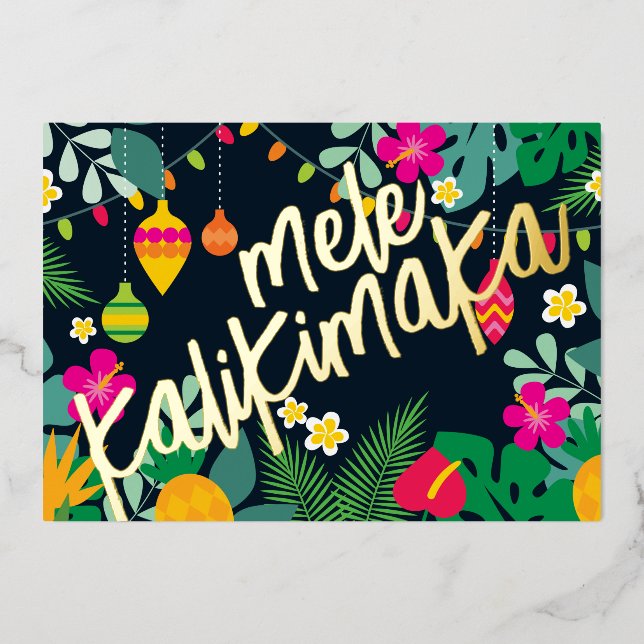 Mele Kalikimaka Tropical Flowers Hawaiian Foil Holiday Card (Front)