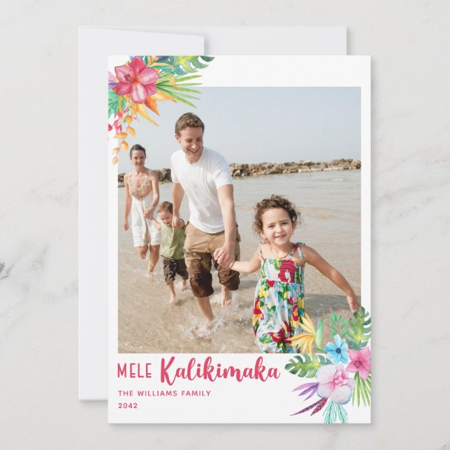 Mele Kalikimaka Tropical Flowers Photo Holiday Card (Front)