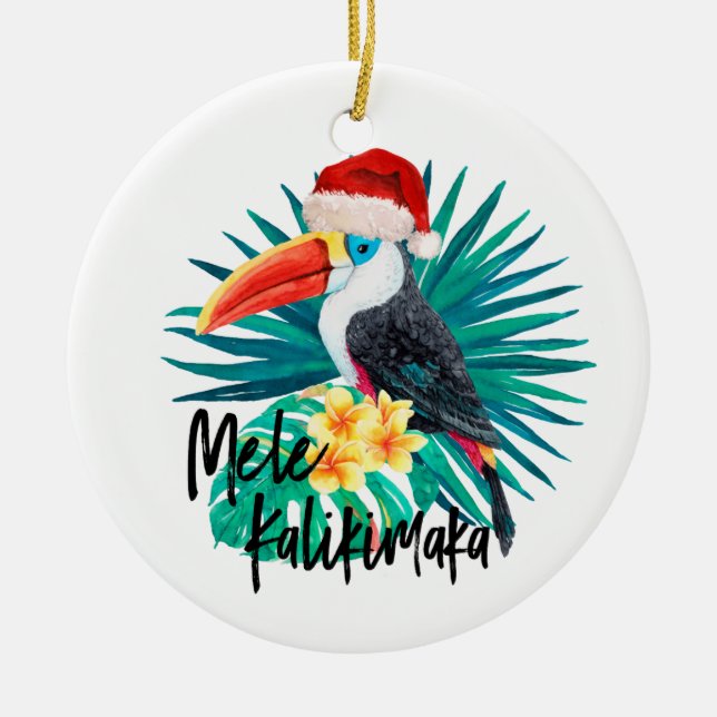 Mele Kalikimaka Tropical Jungle Birds Ceramic Ornament (Front)