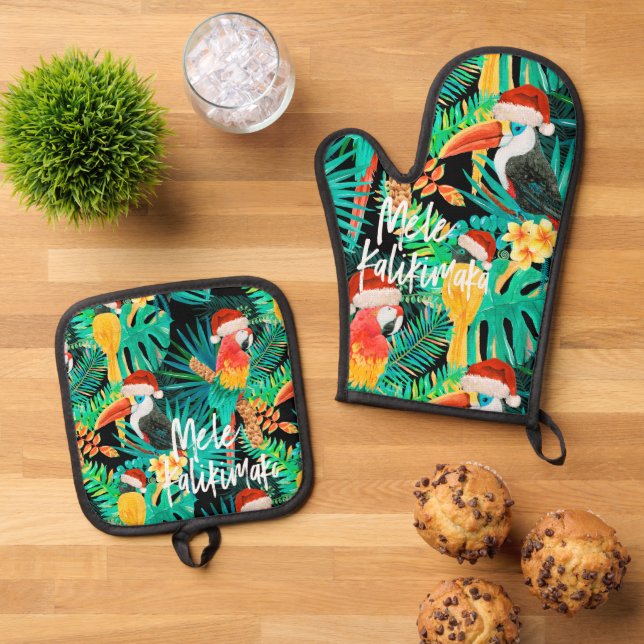 Mele Kalikimaka Tropical Jungle Birds Oven Mitt & Pot Holder Set (Top Down)
