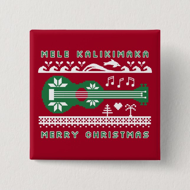 Mele Kalikimaka Ugly Sweater (Green on Red) Button (Front)