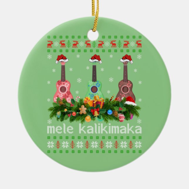 Mele Kalikimaka Ukulele Guitar Gift Ugly Ukulele Ceramic Ornament (Front)