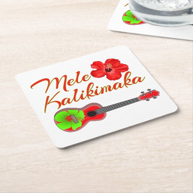 Mele Kalikimaka Ukulele Square Paper Coaster (Angled)
