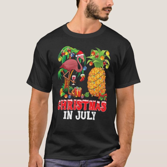 Mele Kalikimaka Xmas In July Santa Flamingo Pineap T-Shirt (Front)