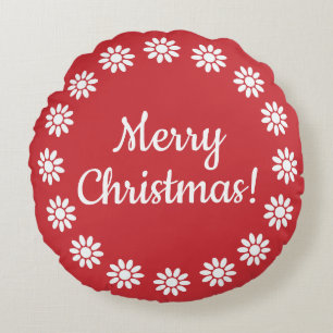 Mellow Geo Flowers - red white Merry Christmas. Round Pillow
